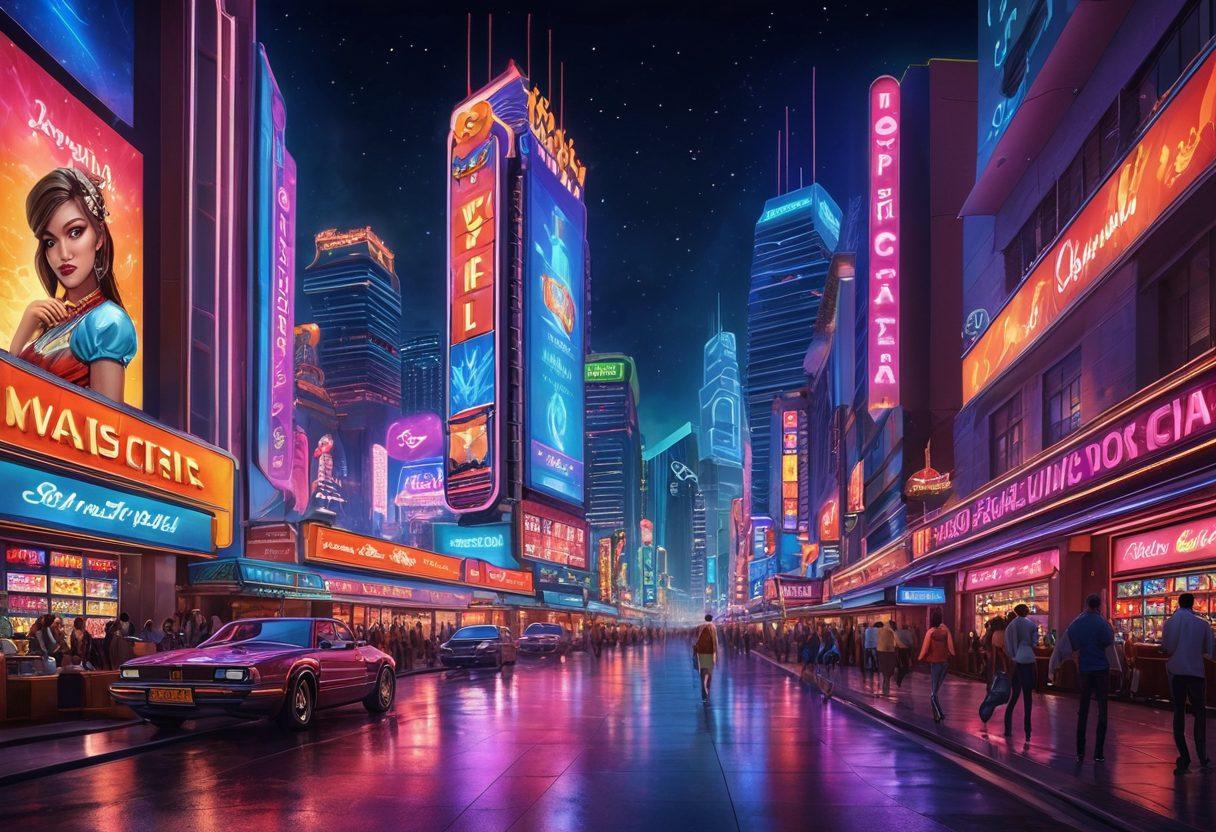 A lavish virtual casino with neon lights, showing a mix of live games like blackjack and poker, bustling with avatars in glamorous attire, and huge jackpot slots flashing 'WINNER'. The backdrop should be a futuristic cityscape. super-realistic. vibrant colors.