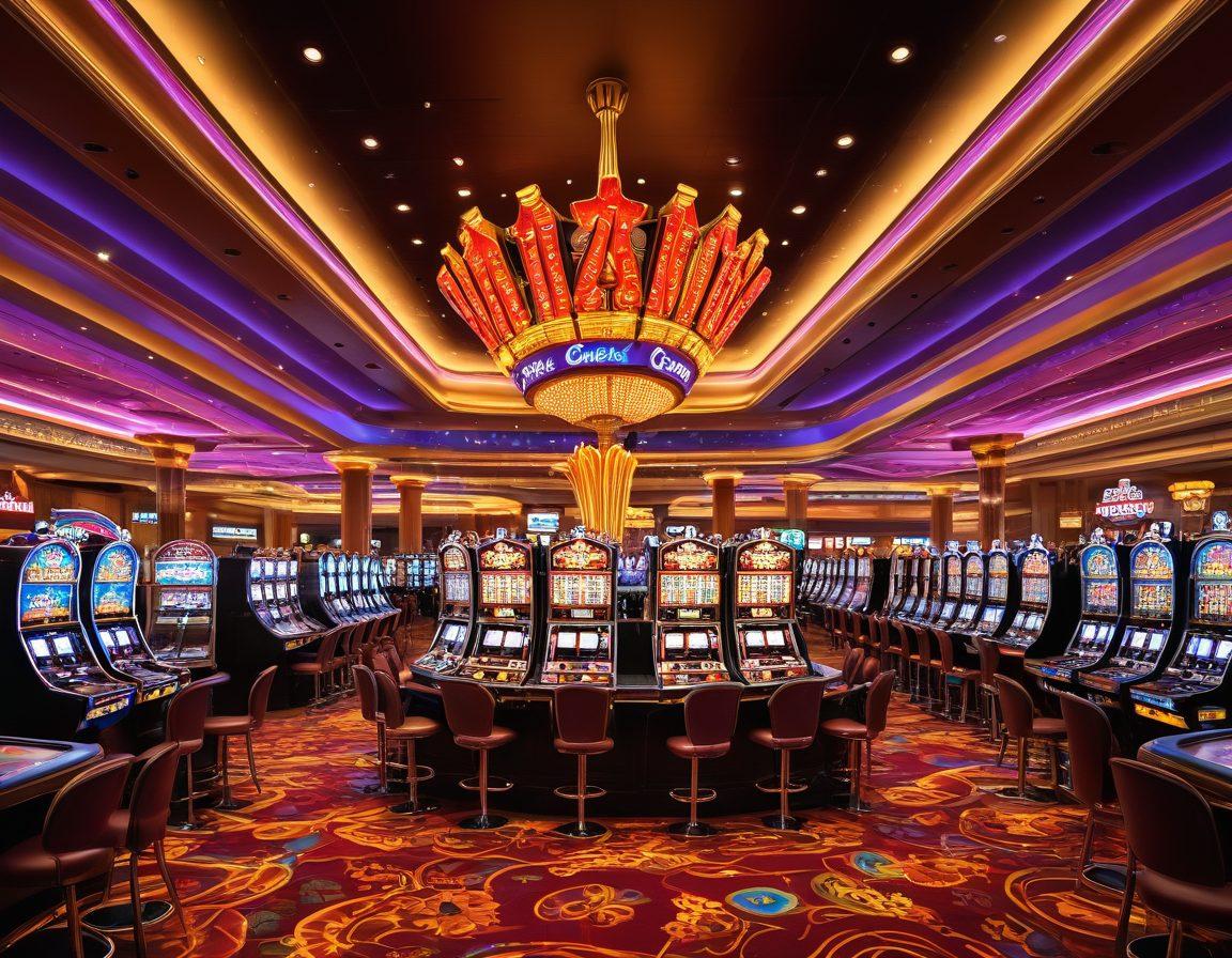 A bustling casino floor with vibrant slot machines, card tables surrounded by animated players, and a giant neon 'Hot Promotions' sign. In the background, an elaborate, luxurious casino entrance with towering pillars and bright lights. Add a digital billboard showing winners and game reviews. super-realistic. vibrant colors.